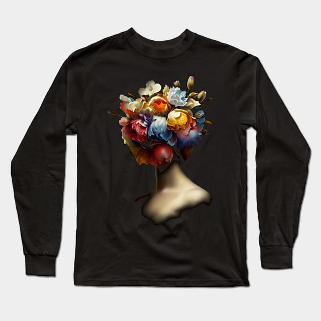 Flower Head Woman Old Painting Long Sleeve T-Shirt by Ravenglow